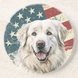 Grunge American Flag Great Pyrenees Dog コースター
