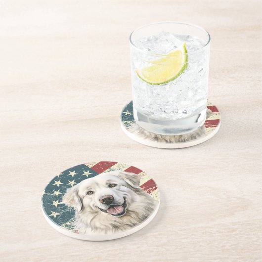 Grunge American Flag Great Pyrenees Dog コースター (側面)