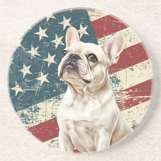 Grunge American Flag White French Bulldog コースター (正面)