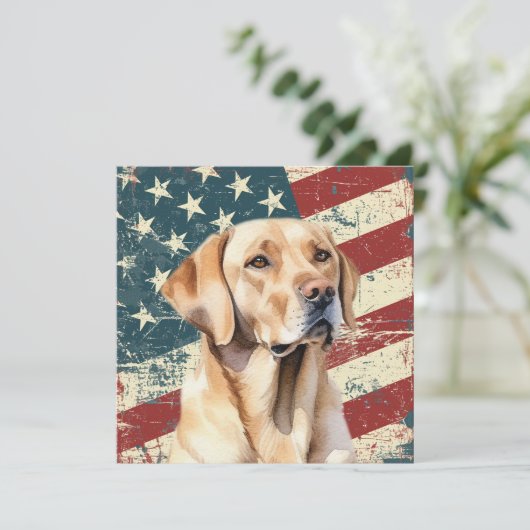 Grunge American Flag Yellow Labrador Flat Card (スタンド正面)
