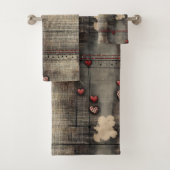 Grunge Black and Cream with Red Hearts バスタオルセット (インサイチュ)