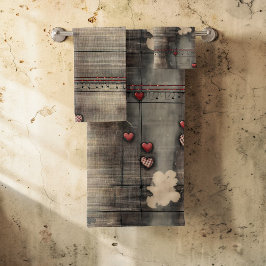 Grunge Black and Cream with Red Hearts バスタオルセット