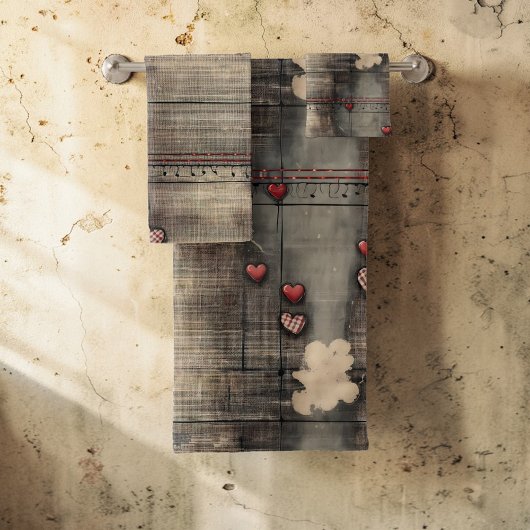Grunge Black and Cream with Red Hearts バスタオルセット