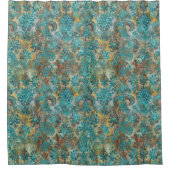 Grunge Damask Aqua Viridian Mustard Terracotta シャワーカーテン (正面)