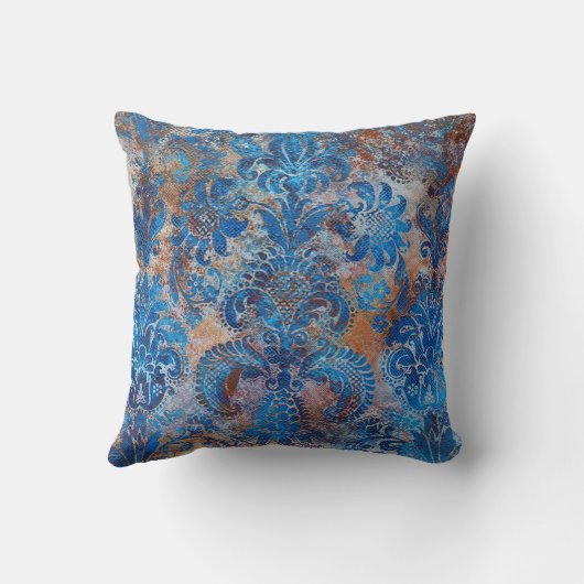 Grunge Damask Cobalt Blue Rust Orange クッション (裏面)