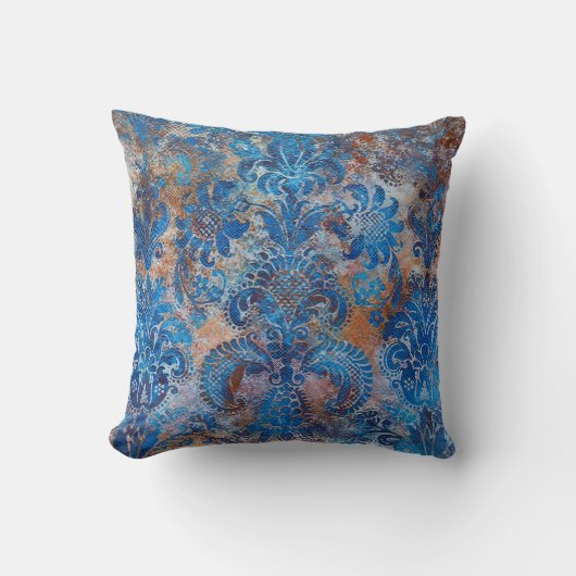 Grunge Damask Cobalt Blue Rust Orange クッション (正面)