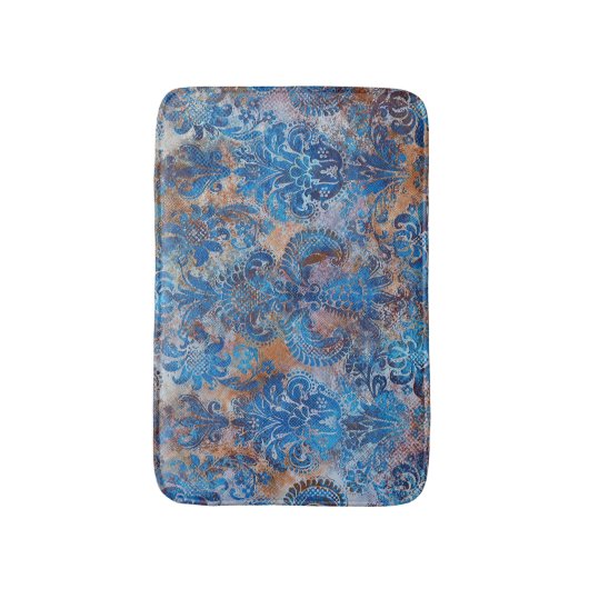Grunge Damask Cobalt Blue Rust Orange バスマット (正面縦)