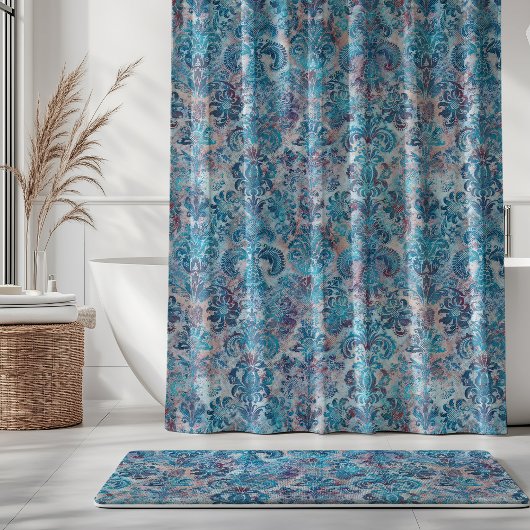 Grunge Damask Denim Blue Burgundy Peach Blush Pink シャワーカーテン
