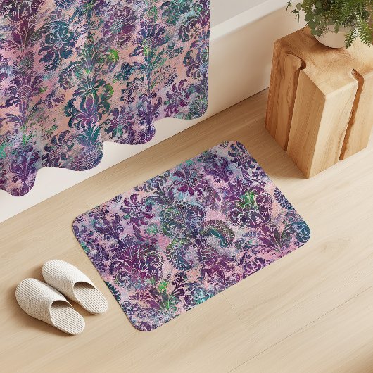 Grunge Damask Pink Purple Charteuse Turquoise バスマット