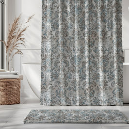 Grunge Damask Taupe Sky Blue Cream Grey シャワーカーテン