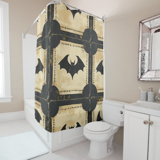 Grunge Denim Halloween Patchwork with Bats (2) シャワーカーテン (インサイチュ)