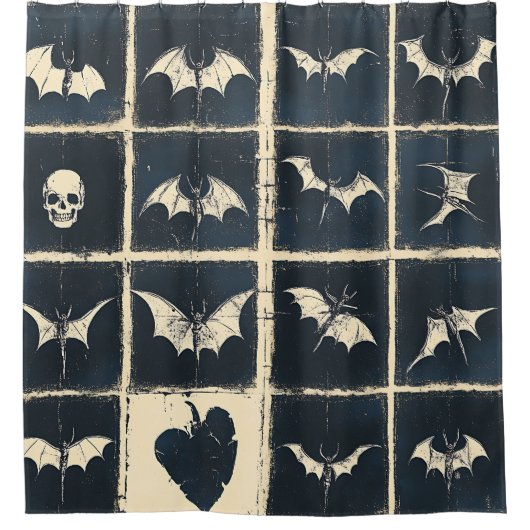 Grunge Gothic Bats & Skulls Denim Pattern シャワーカーテン (正面)