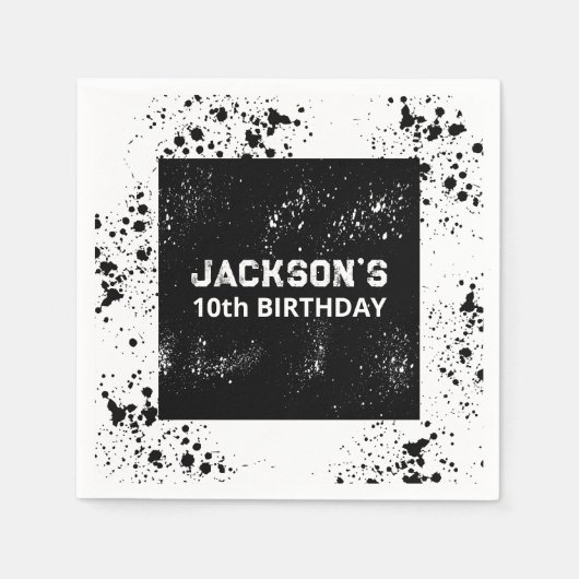Grunge Paint Splatter Black & White Birthday スタンダードカクテルナプキン (正面)