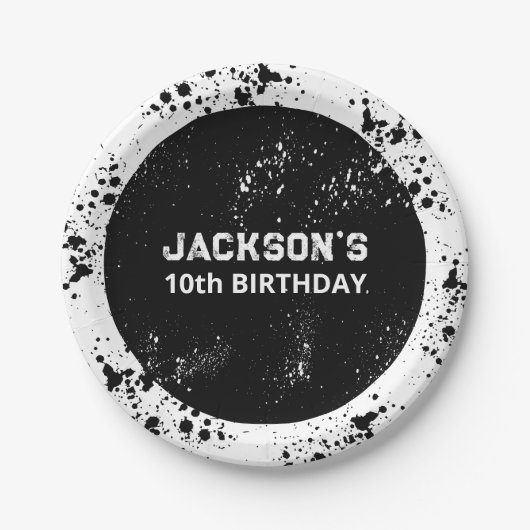 Grunge Paint Splatter Black & White Birthday ペーパープレート (正面)