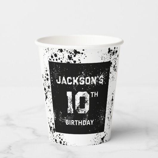 Grunge Paint Splatter Black & White Birthday 紙コップ (裏面)