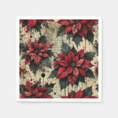 grungyフローラポインセチアNewsprintデコページ紙 スタンダードカクテルナプキン (正面)