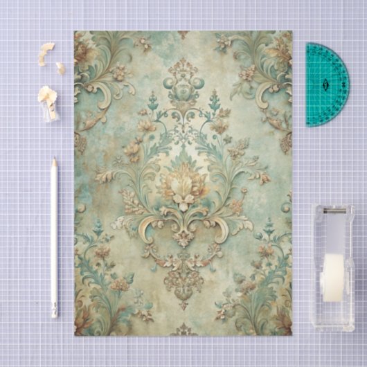 Grungy Damask Pattern in Shades of Teal & Beige 薄葉紙 (クラフト)