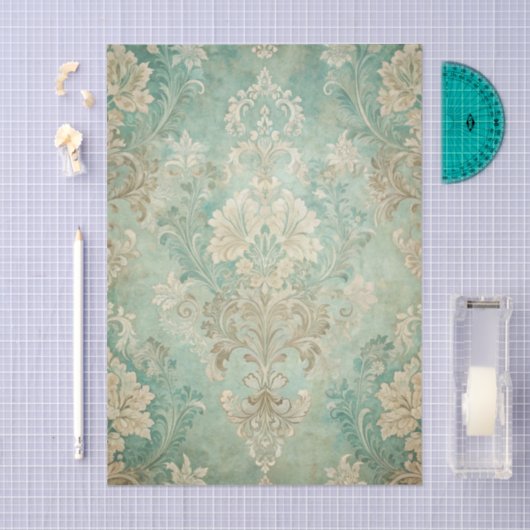 Grungy Damask Pattern in Shades of Teal Blues 薄葉紙 (クラフト)