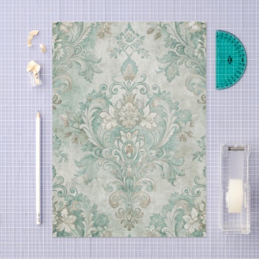 Grungy Damask Pattern in Shades of Teal Green 薄葉紙 (クラフト)