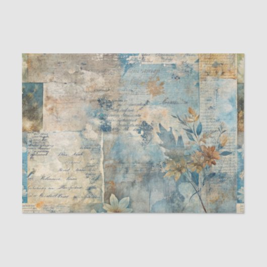 Grungy Distressed Blue Floral Ephemera Collage 薄葉紙 (正面)