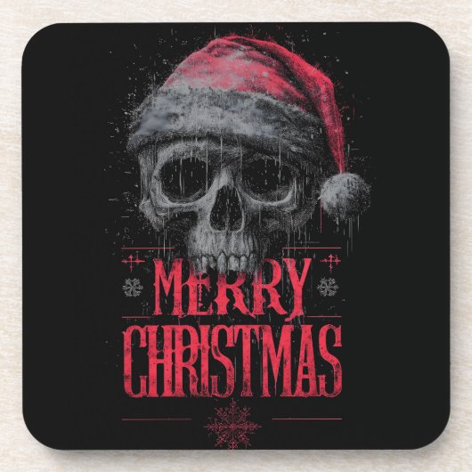 Grungy Gothic Skull Wearing a Distressed Santa Hat コースター (正面)