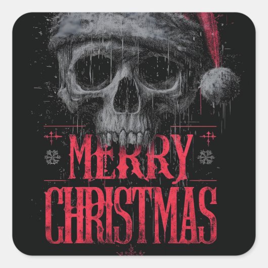Grungy Gothic Skull Wearing a Distressed Santa Hat スクエアシール (正面)