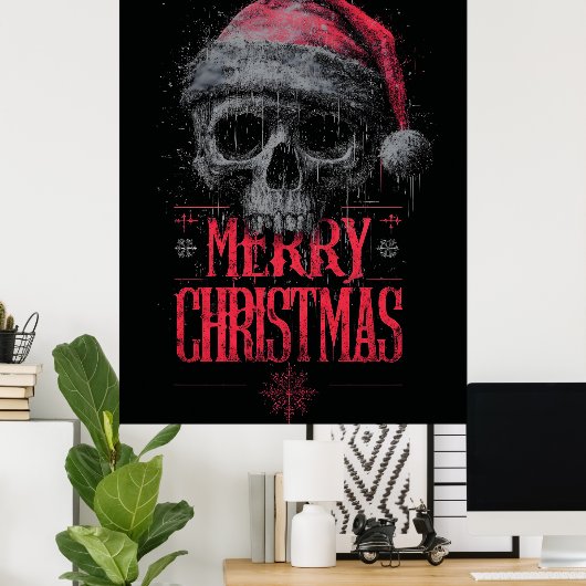 Grungy Gothic Skull Wearing a Distressed Santa Hat ポスター (ホームオフィス)