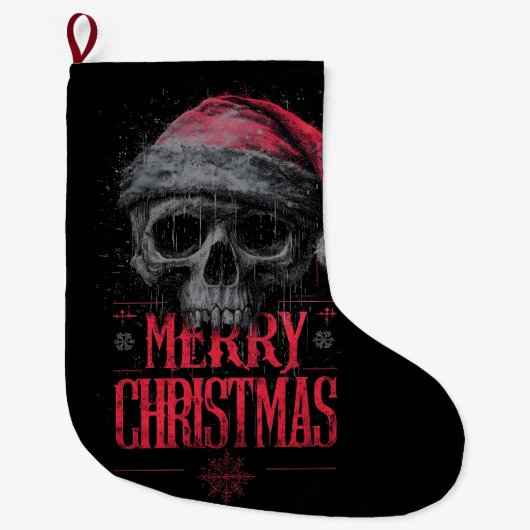 Grungy Gothic Skull Wearing a Distressed Santa Hat ラージクリスマスストッキング (正面)
