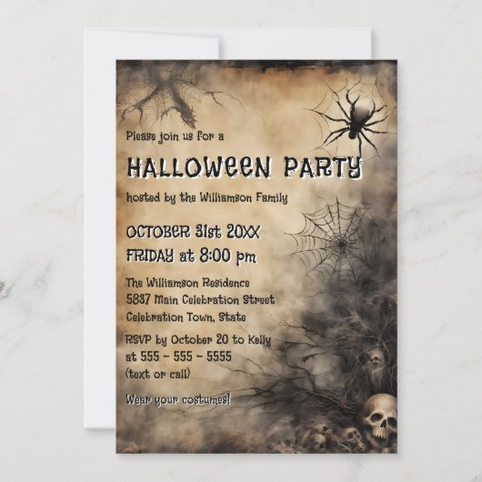 Grungy Spiderweb Skulls and Bare Tree Halloween 招待状 (正面)