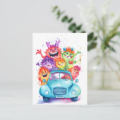 Gruppe lustiger Monster fährt mit dem Auto. Urlaub ポストカード (スタンド正面)