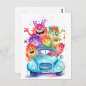 Gruppe lustiger Monster fährt mit dem Auto. Urlaub ポストカード (正面/裏面)