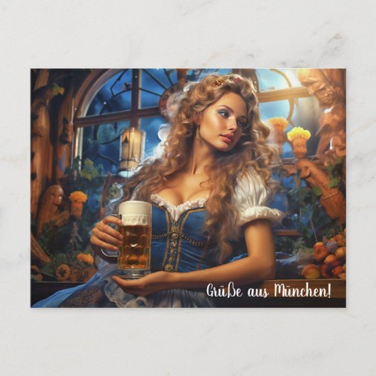 Grüße aus München! Frau im Dirnd mit Bier ポストカード (正面)