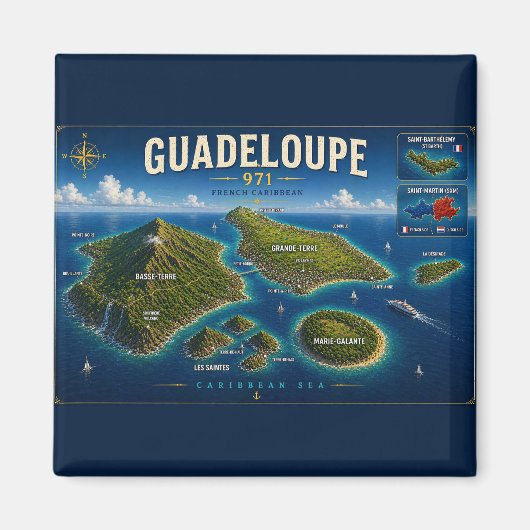 Guadeloupe 971 Vintage Map マグネット (正面)