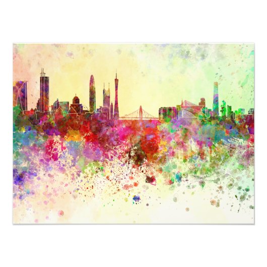 Guangzhou skyline in watercolor background フォトプリント            (正面)