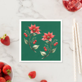 Guardanapo  papel  Natal verde e Flores Vermelhas スタンダードカクテルナプキン