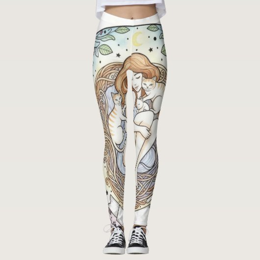 Guardian Angel Mother and Baby Cat Design Leggings レギンス (正面)
