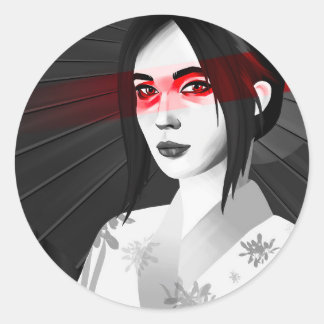 Gueisha en kimono noir et blanc au regard rouge ラウンドシール