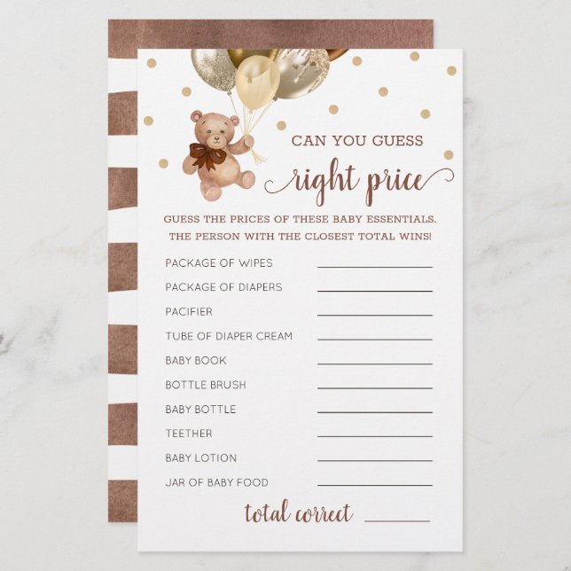 Guess Right Priceゲーム赤ちゃんシャワーテディベア (正面/裏面)