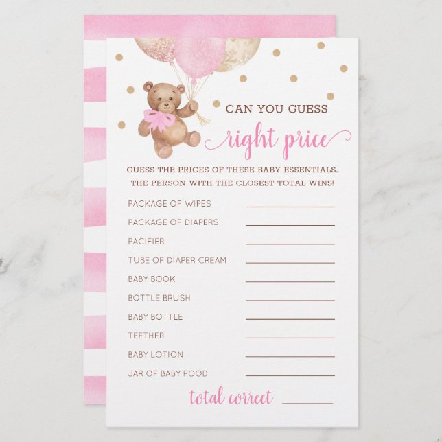 Guess Right Priceゲーム赤ちゃんシャワーテディベア (正面/裏面)