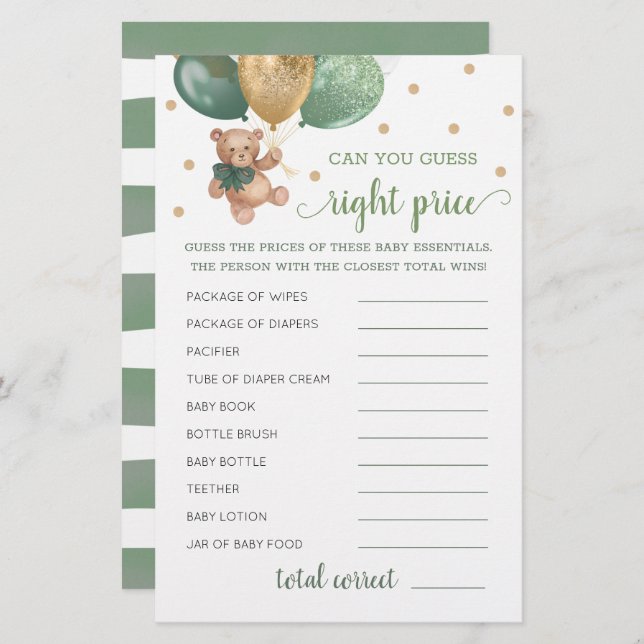 Guess Right Priceゲーム赤ちゃんシャワーテディベア (正面/裏面)