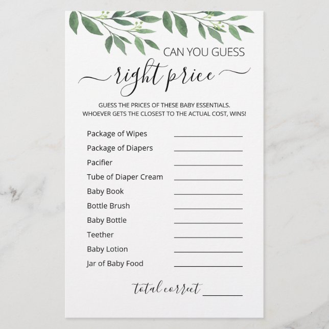 Guess right price game赤ちゃんシャワーパーティーゲーム (正面)