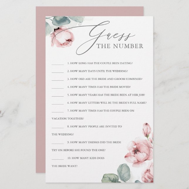 Guess The Number Dusty Rose Bridal Shower Game (正面/裏面)