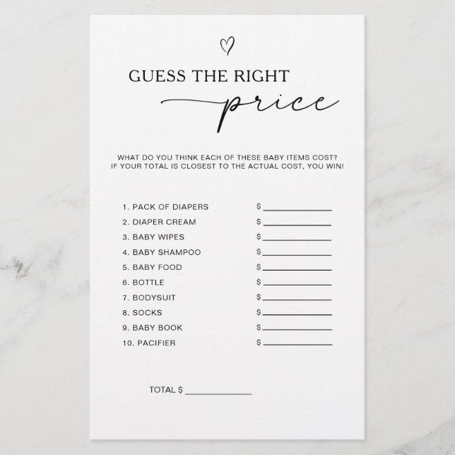Guess The Price Baby Shower Game (正面)