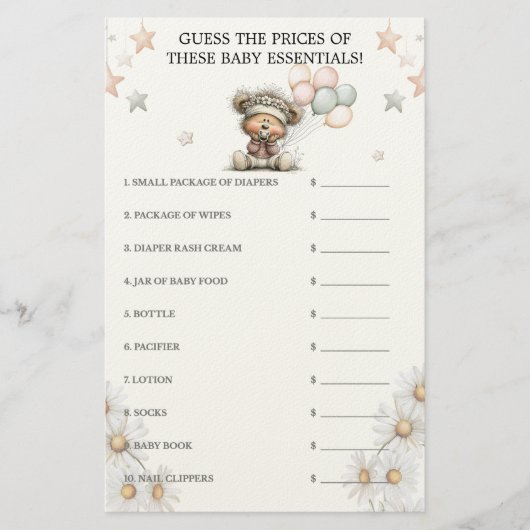 Guess the Price Whimsical Teddy Bear Baby Shower  便箋 (正面)