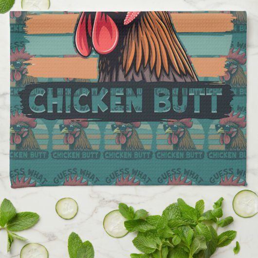 Guess What Chicken Butt Funny Retro Rooster キッチンタオル (折り畳み)
