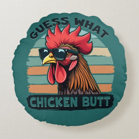 Guess What Chicken Butt Funny Retro Rooster ラウンドクッション (正面)