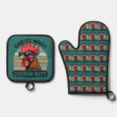 Guess What Chicken Butt Funny Retro Rooster 鍋つかみ&鍋敷きセット (正面)