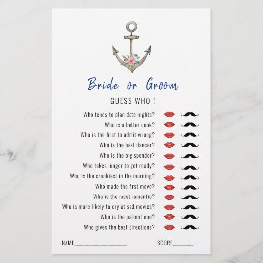 'Guess Who'いかり航海のブライダルシャワーゲーム (正面)
