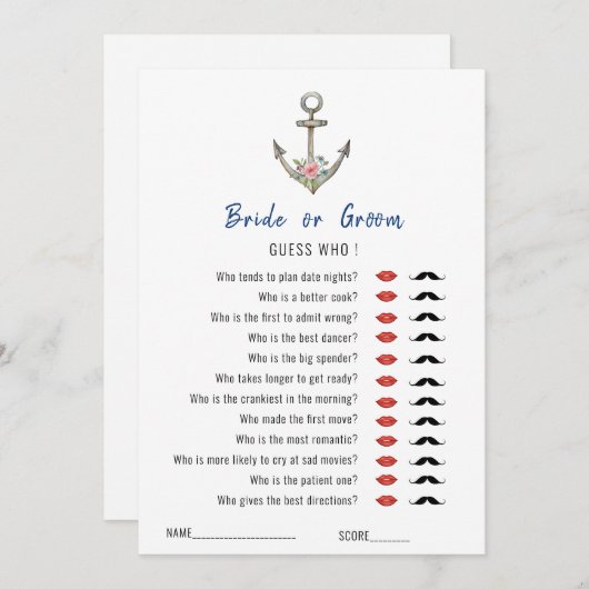 'Guess Who'いかり航海のブライダルシャワーゲーム 招待状 (正面/裏面)