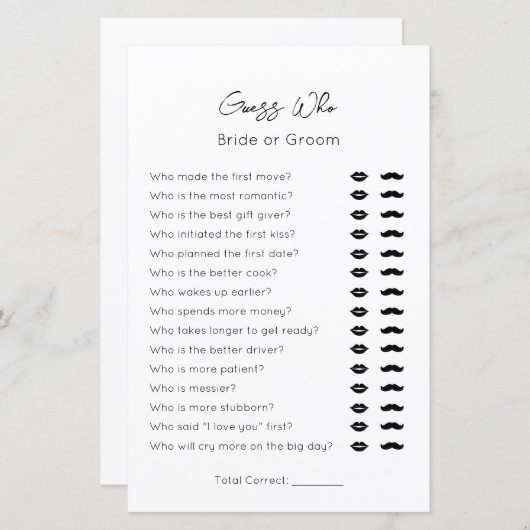 Guess Who-BrideまたはGroom-Plainブライダルシャワーゲーム (正面/裏面)